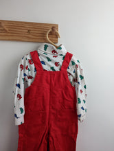 Load image into Gallery viewer, Red Overalls + Dino Turtleneck Outfit 3t
